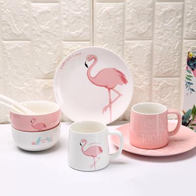 Flamingo Đĩa Gốm Sáng Tạo Bộ Dao Kéo Bò Bít Tết Đĩa Ăn Đồ Tây Hai Tai Cơm Đút Lò Bát Cốc Quai To Cốc Dùng Trong Bữa Sáng