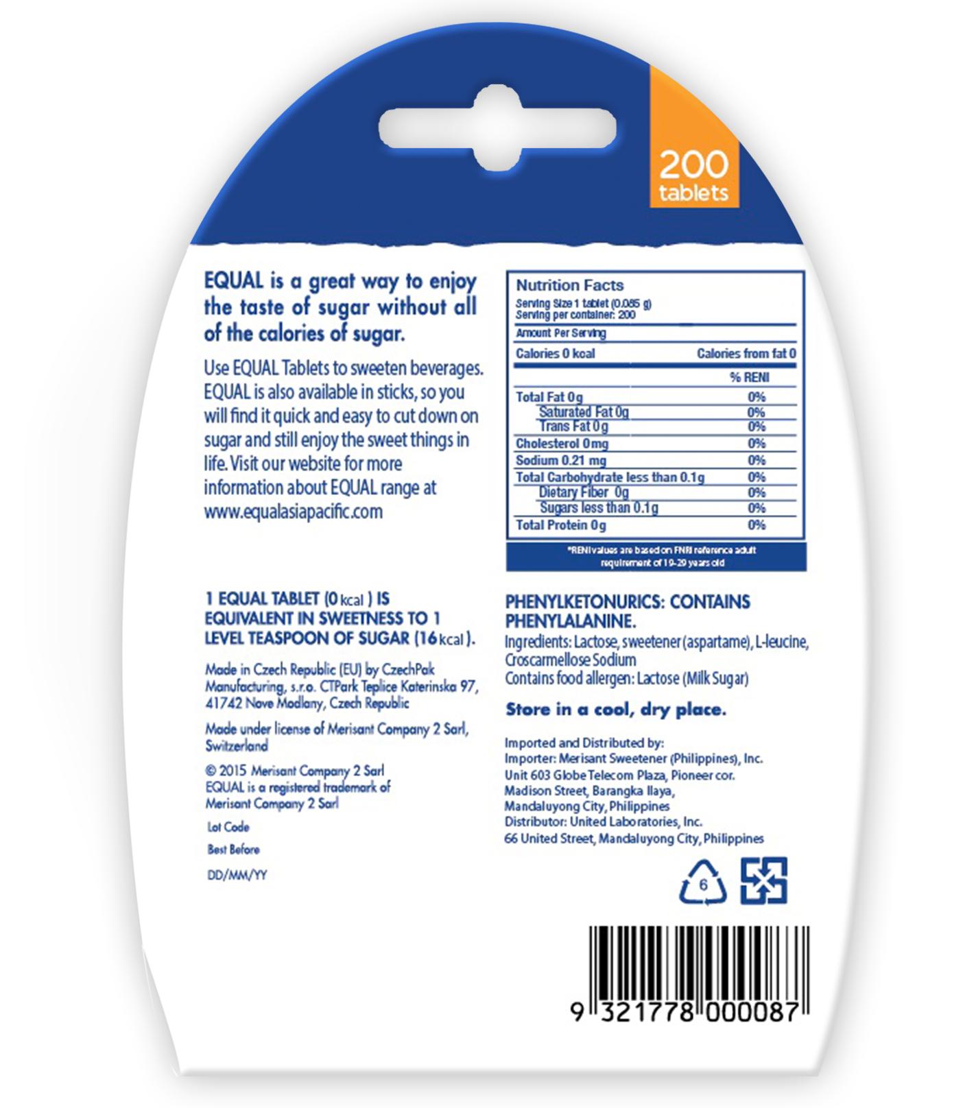 EQUAL Classic 1 Pack X 200 Tablets, 0 Calorie Sweetener Tablets,Sugar