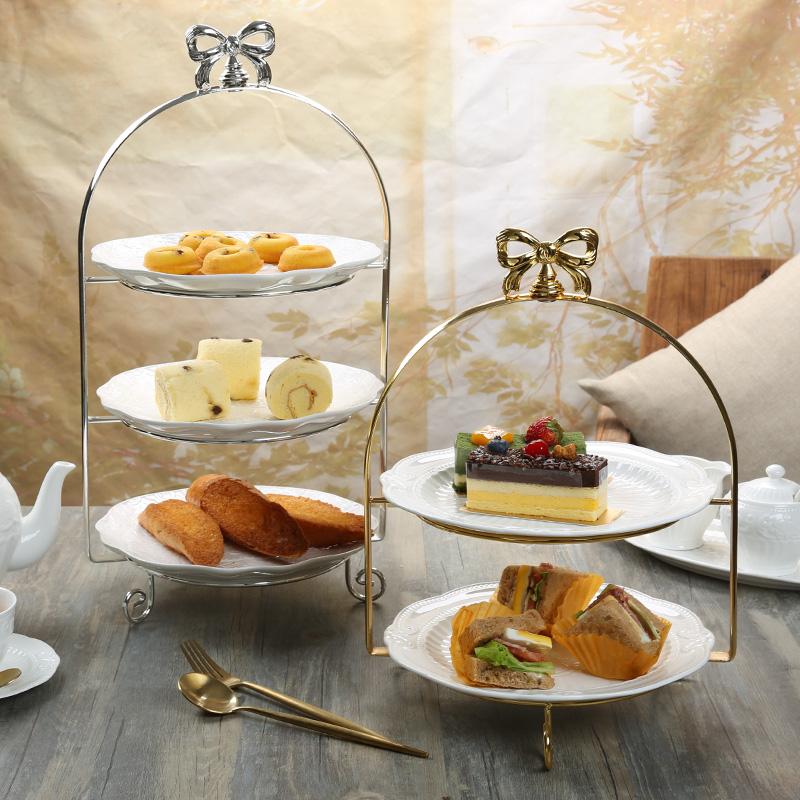 Gold Plated European Style Iron Art Bow Cake Stand Double Layer Three Layer Selectable Gorgeous Silver-plated Afternoon Tea Snack pan jia zi