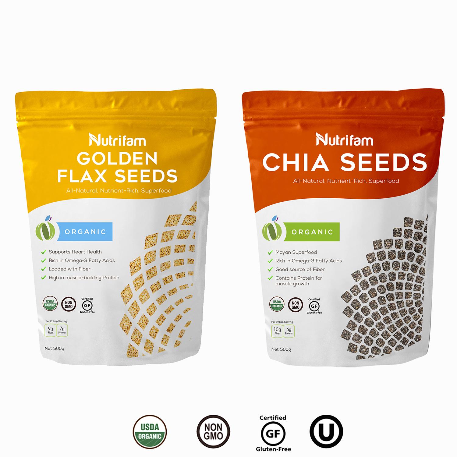 Nutrifam USDA ORGANIC Chia Seeds 500g & Nutrifam USDA ORGANIC Golden Flax Seeds 500g (Set Pack)