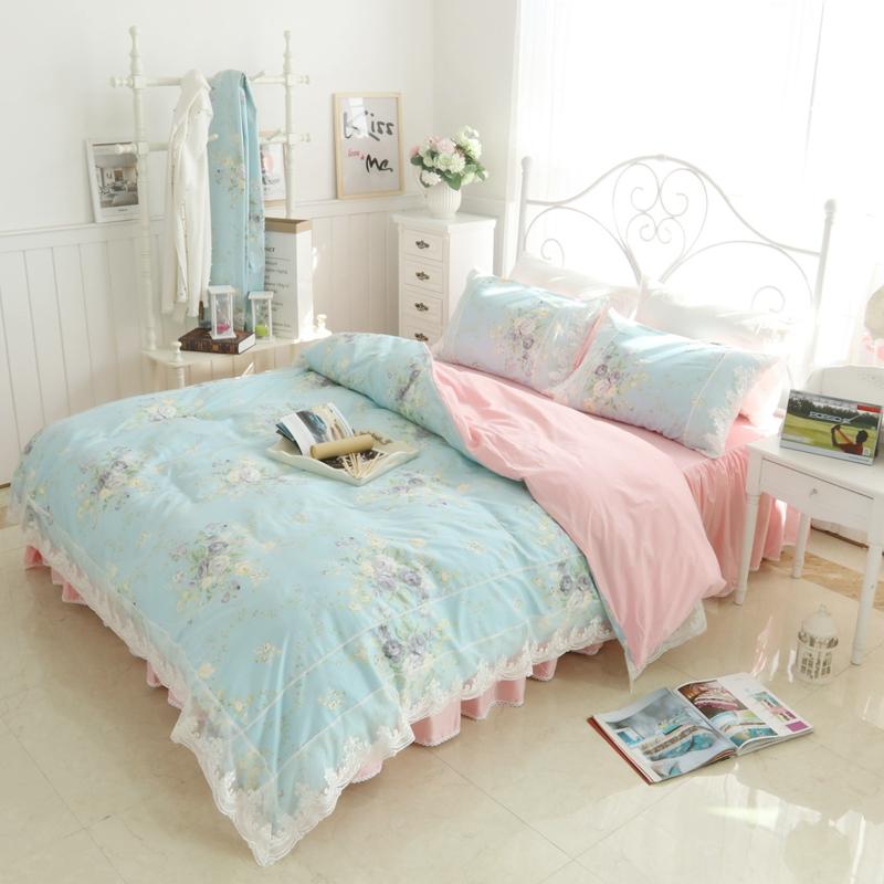 Kiểu Hàn Quốc Giản Lược Hoa Vỏ Chăn Trên Giường Bộ Bốn Chiếc 100% Cotton 1.5m Giường Ren Công Chúa Gió 100% Cotton Ga Phủ Giường 1.8 M