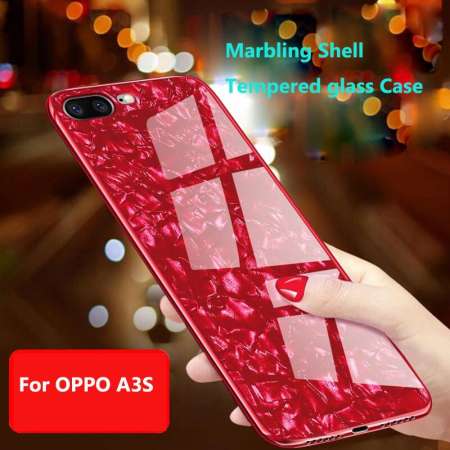 Hard Marbling Shell Protective Phone Case Tempered Glass Back Cover for OPPO A3S