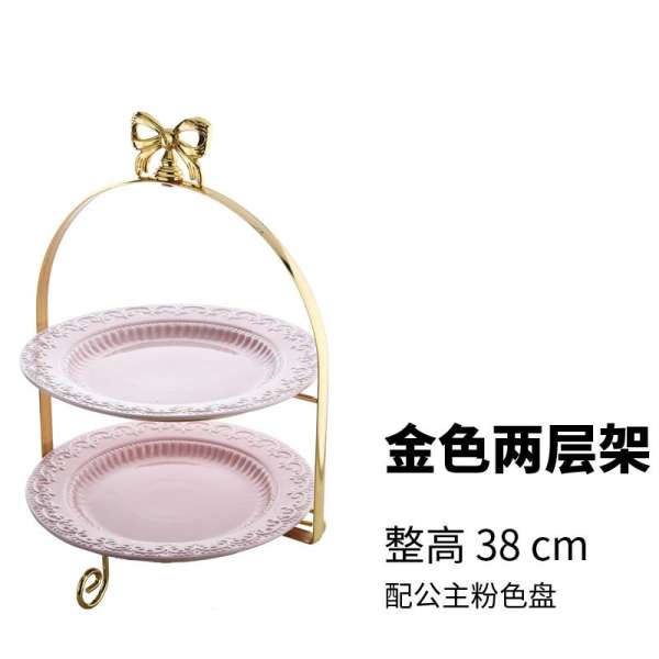 Gold Plated European Style Iron Art Bow Cake Stand Double Layer Three Layer Selectable Gorgeous Silver-plated Afternoon Tea Snack pan jia zi