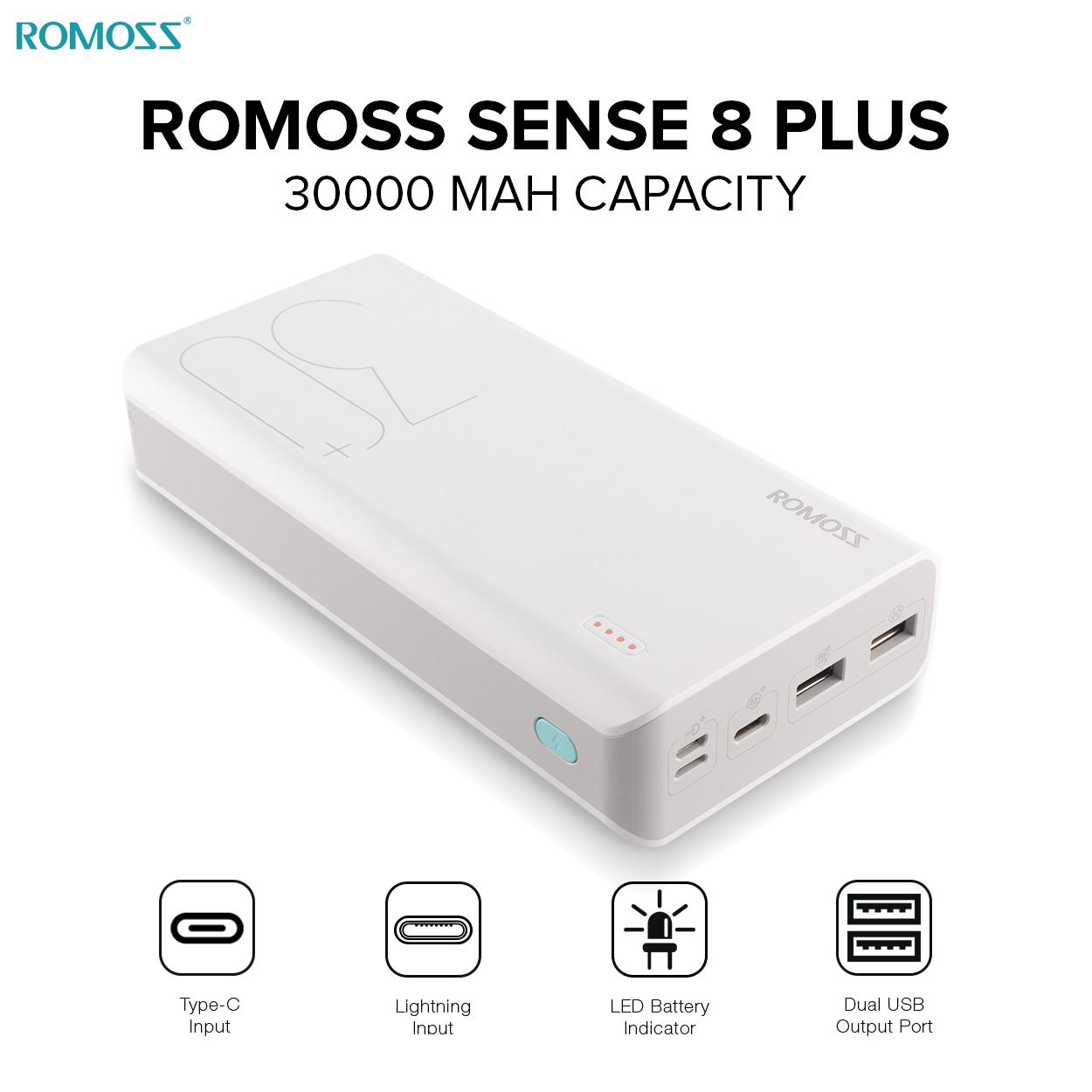 Romoss Sense 8 Plus 30000 mAh QC Type-C Powerbank (White) with Free Romoss CB05f Micro-USB Data & Charger Cable (Blue)