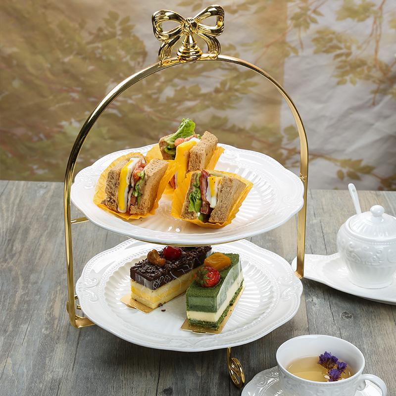 Gold Plated European Style Iron Art Bow Cake Stand Double Layer Three Layer Selectable Gorgeous Silver-plated Afternoon Tea Snack pan jia zi