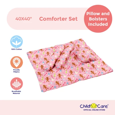 Child Care Baby Comforter Set with Pillow and Bolsters, 40X40" - Portable, Foldable, 4-in-1 With Protective Case (Girls) (Boys) (Newborns)