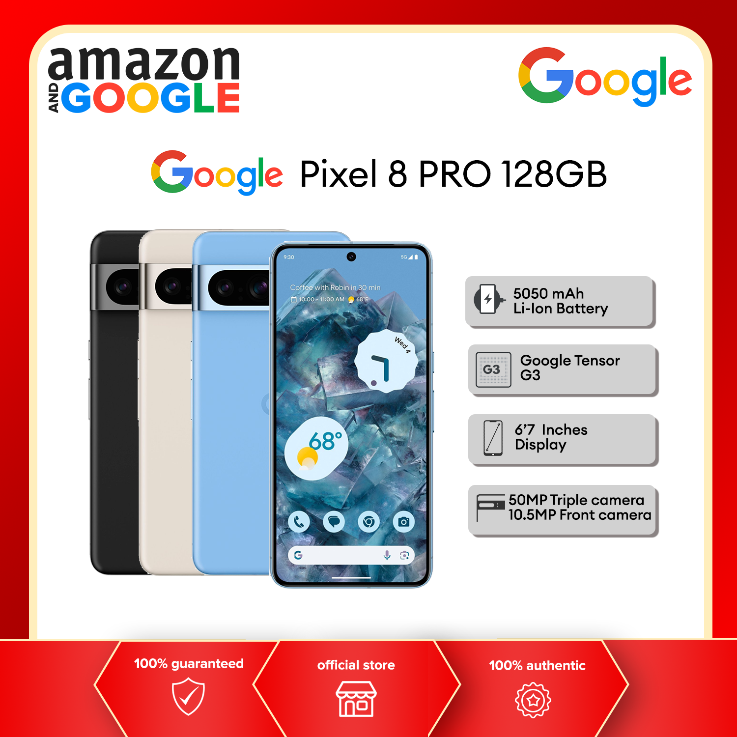 Google Pixel 8 Pro 5G GC3VE 256GB 12GB RAM Gsm Unlocked Phone Google Tensor  G3 50MP DISPLAY 6.7 inches, Processor Google Tensor G3 FRONT CAMERA 10.5MP  REAR CAMERA 50MP+48MP+48MP RAM 12GB STORAGE