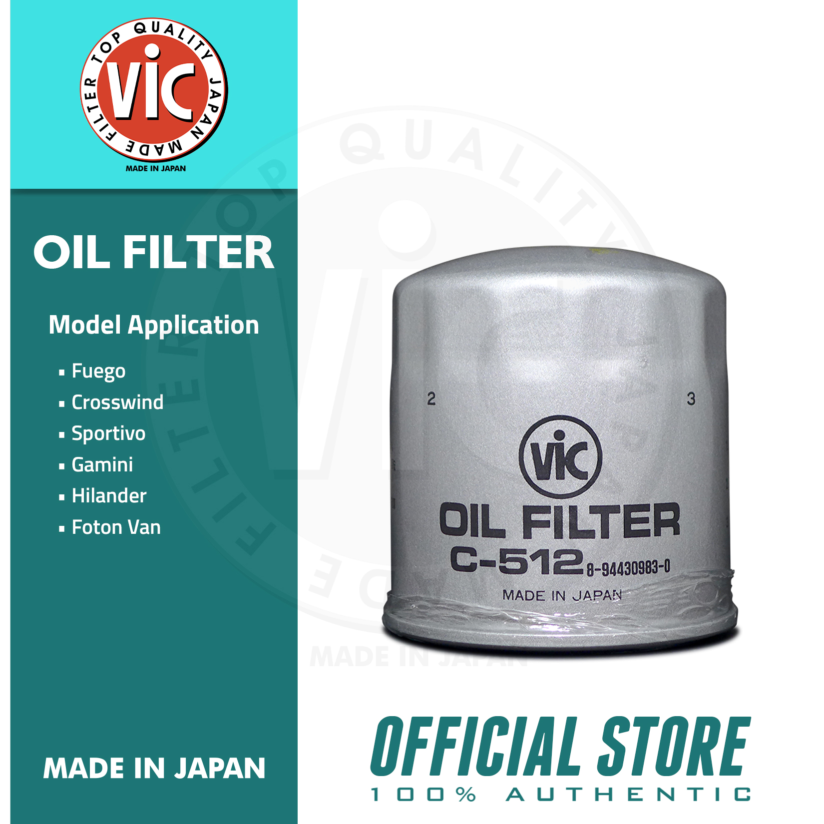 VIC Oil Filter C512 for Isuzu Fuego, Crosswind, Sportivo, Gamini