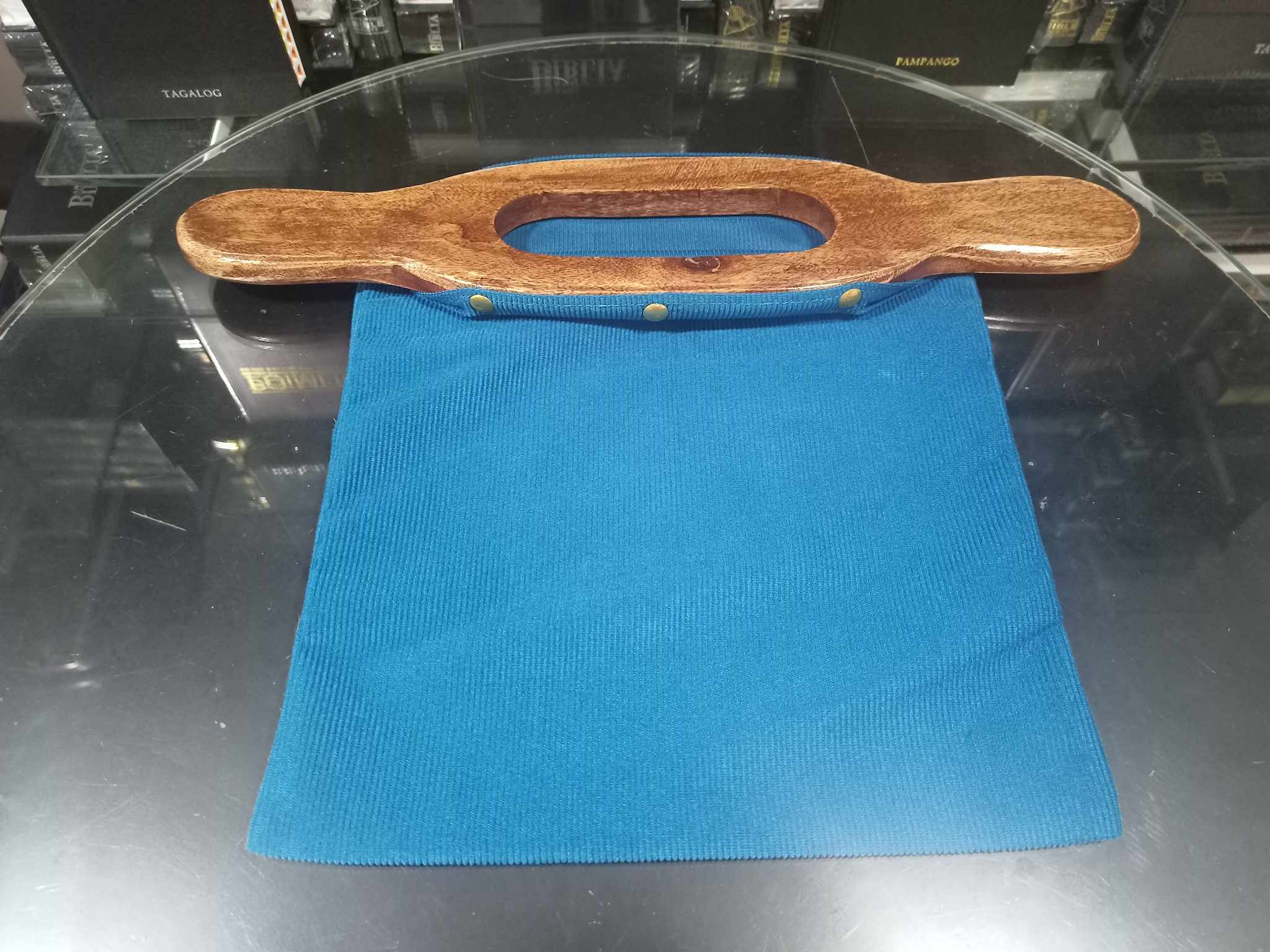 Set Of 2 Blue Church Offering Bags With Wooden Handles - Velvet Collection Bags For Tithes & Donations
