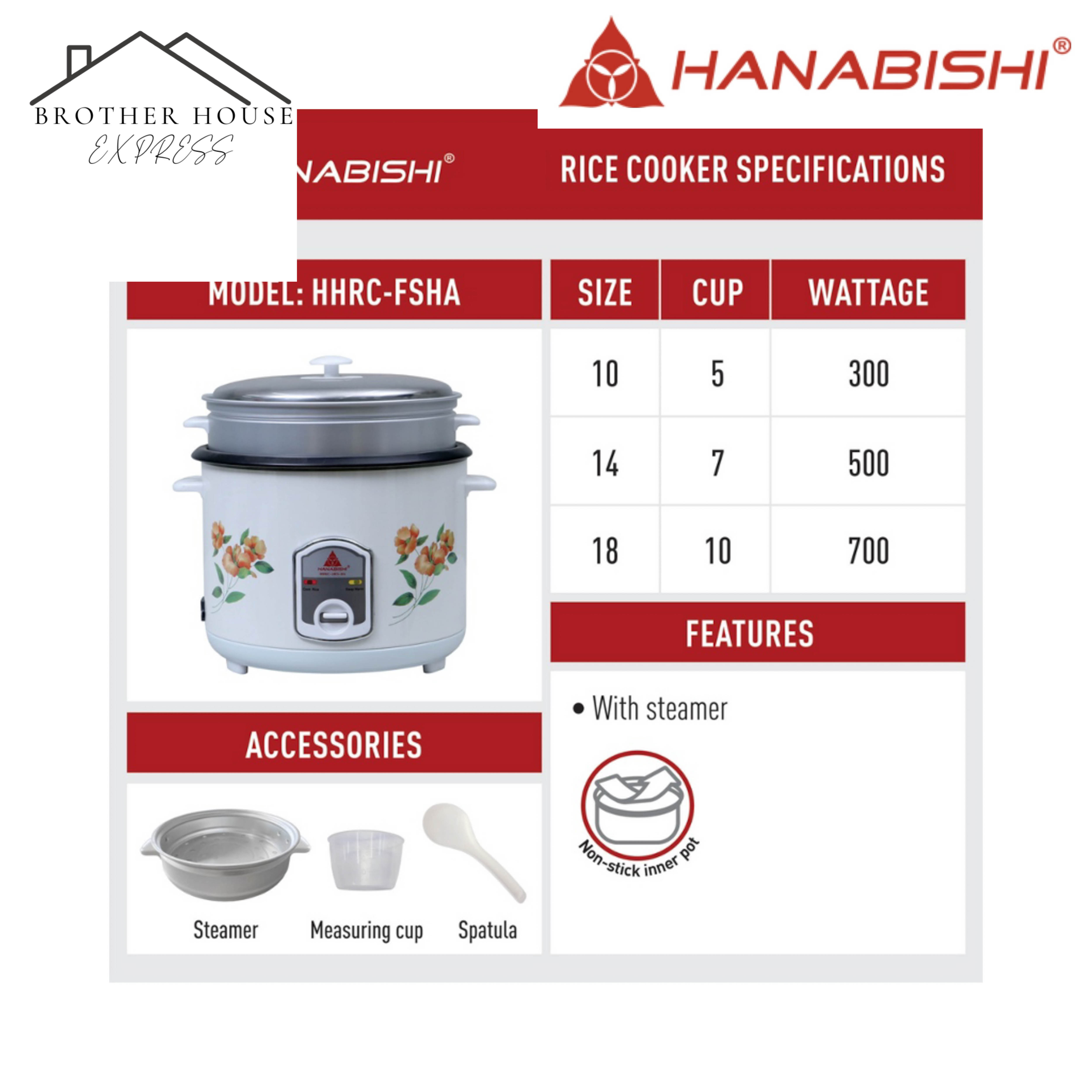 Hanabishi Flower Design Teflon Rice Cooker Series HHRCFSHA