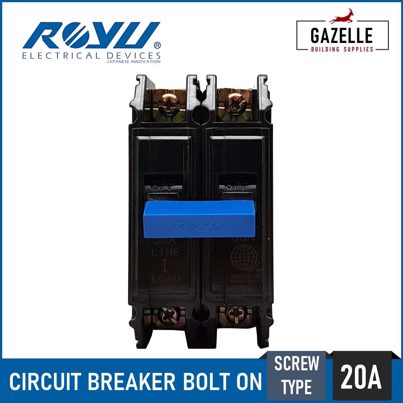 Royu Circuit Breaker PlugIn / Bolt On Screw Type 2 Pole 20A for Plug
