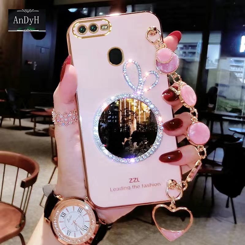 AnDyH Precise camera protection case For OPPO A5S A7 A12 F9 Pro A11K cases Bunny makeup mirror with gemstone bracelet