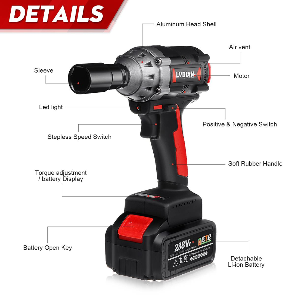 LVDIAN 630N.M Electric Cordless Brushless Impact Wrench 288VF