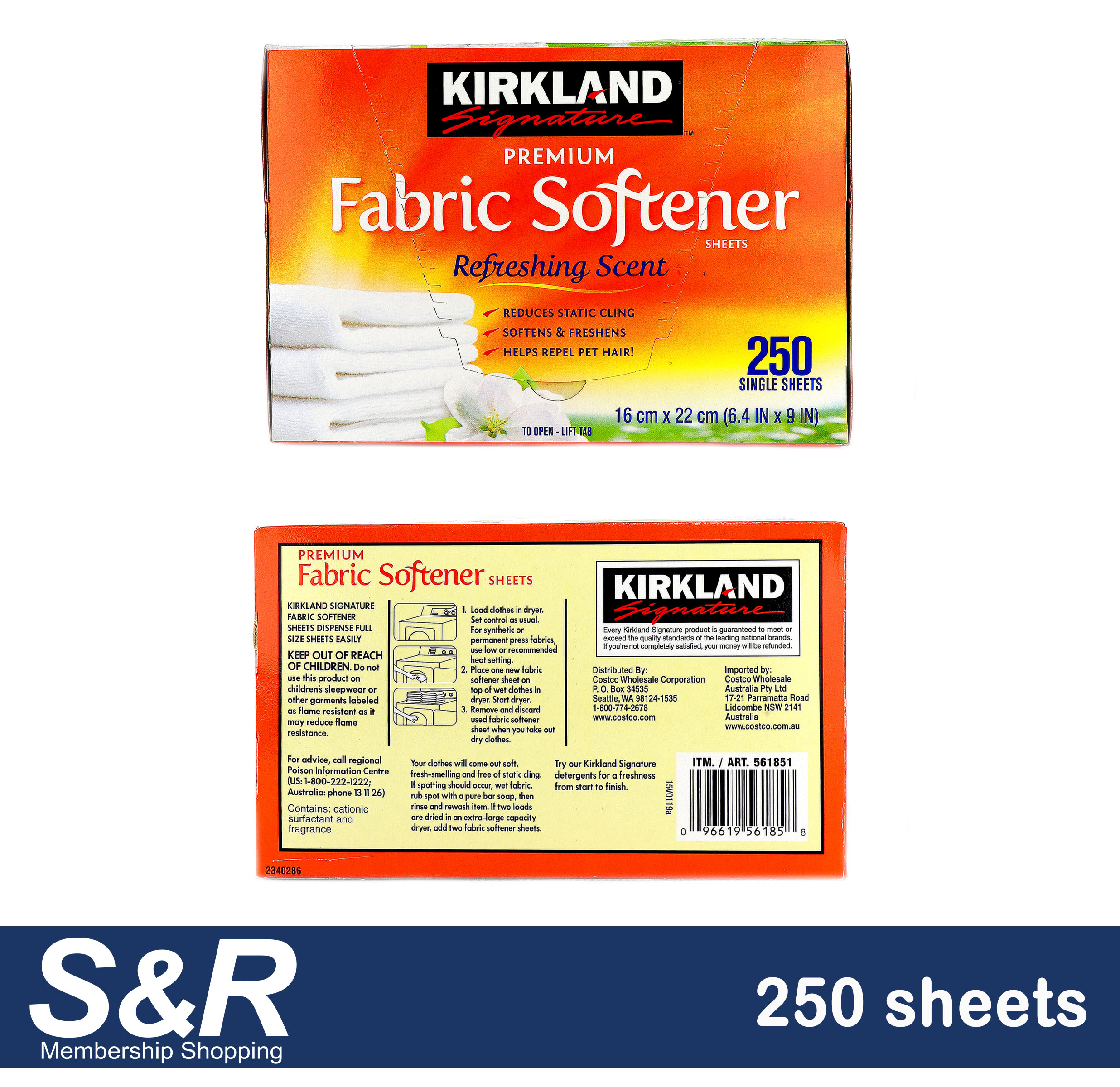 Kirkland Signature Premium Fabric Softener Sheets Refreshing Scent 250