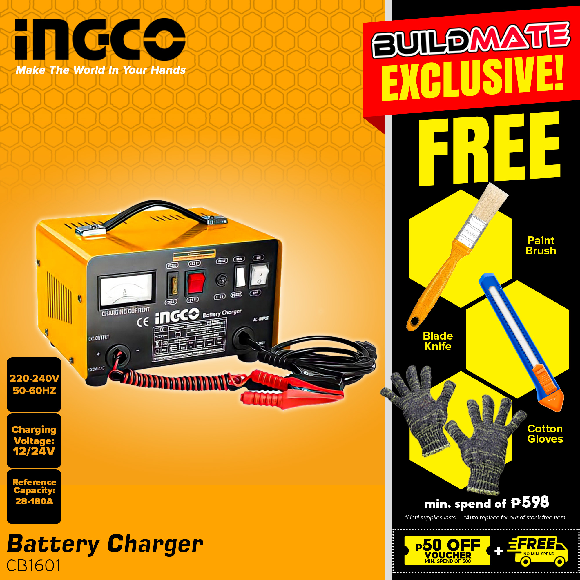 INGCO Battery Charger INGCB1601 •BUILDMATE• IPT Lazada PH