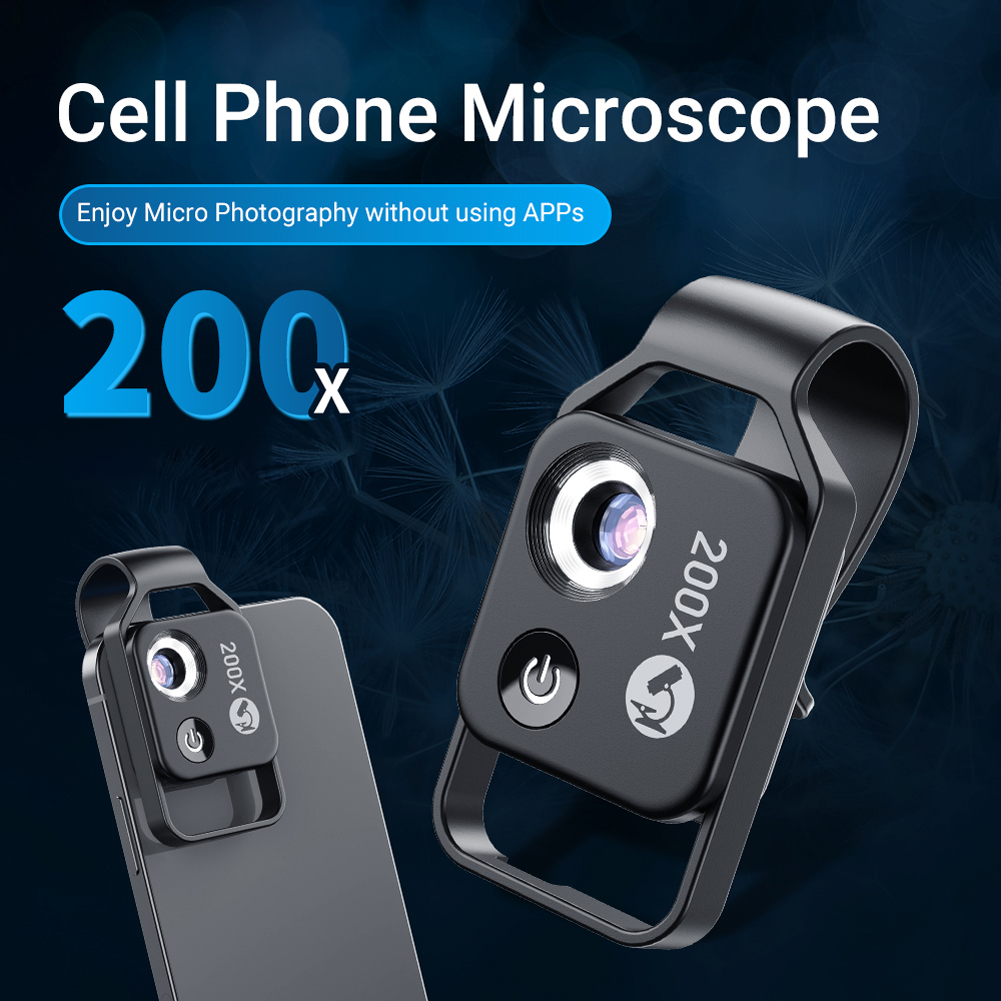 200X Portable Microscope Universal Mobilephone Microscope with 6 LED Lights 2 Level Brightness Adjustable No Need APP Multifunctional Microscope with CPL for Child Students Study Electronics Industry Testing