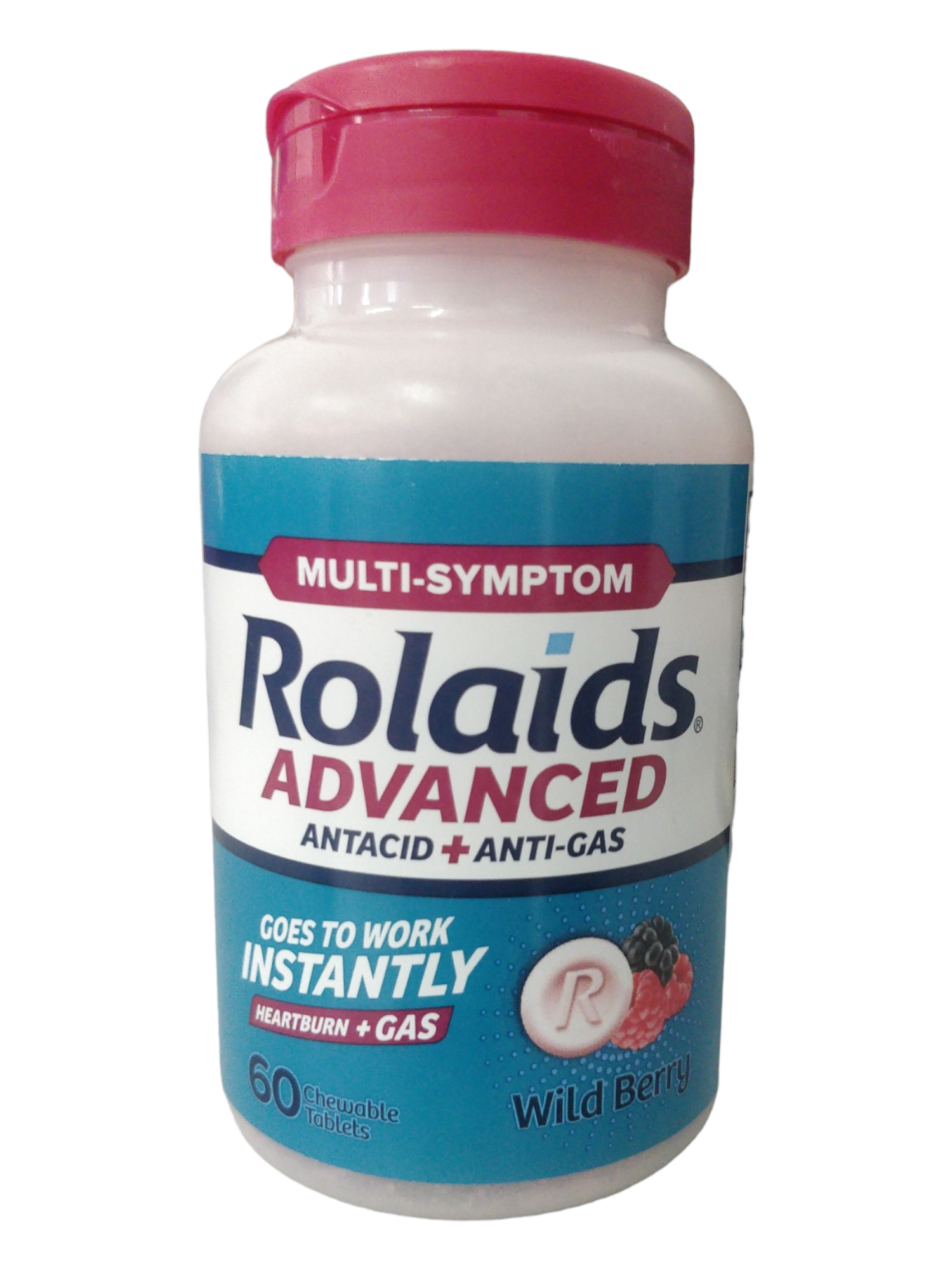 Rolaids Advanced Antacid Plus Anti Gas Chewable Tablets Wild Berry, (60