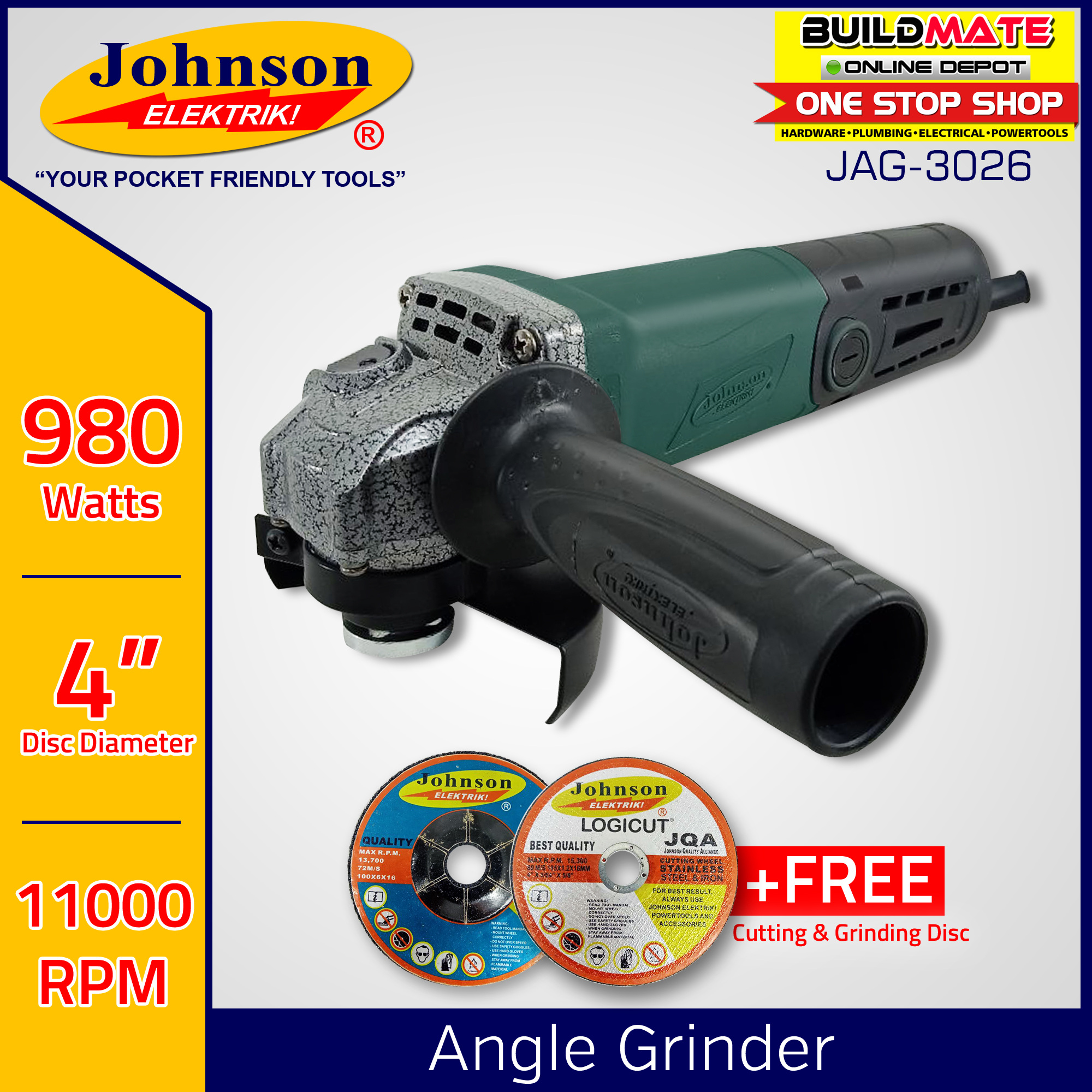 JOHNSON ELEKTRIK Angle Grinder 980W JAG3026 +FREE Cutting & Grinding