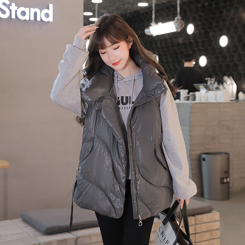 Puffer Vest Women's Solid Black Stand 