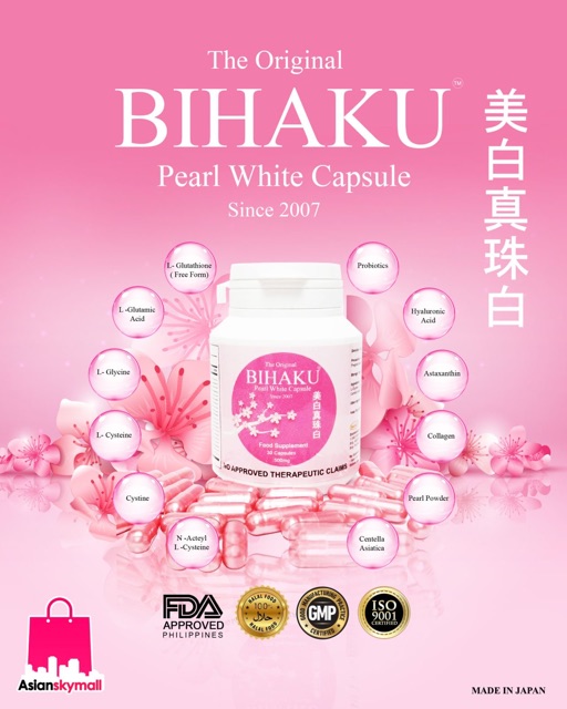 Japan Original BIHAKU Glutathione 12 in 1 Pearl White 500mg 30 Capsules  FREE VCO STRAWBERRY SOAP | Lazada PH
