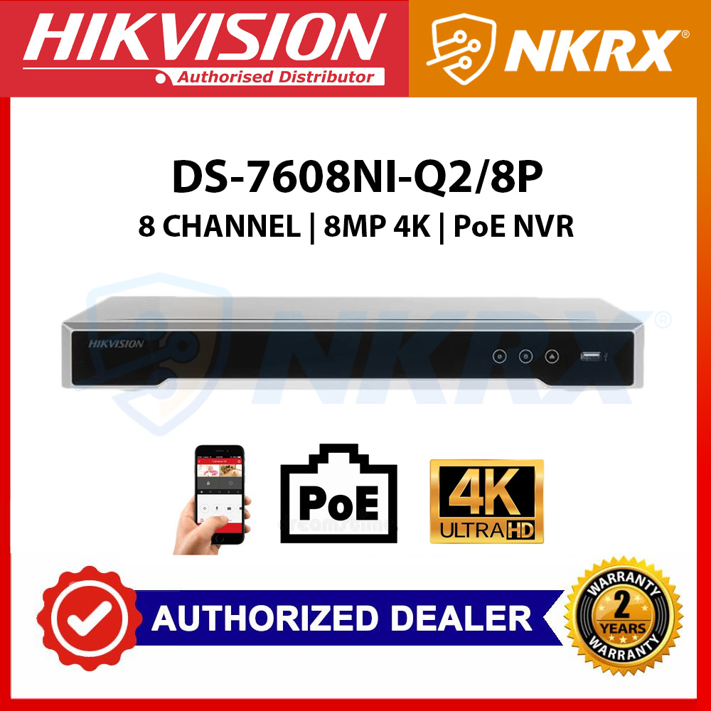 Embedded Plug & Play Resolution 4K H.265+ Up to 8MP HIKVISION DS-7608NI-Q2/8P 8CH PoE NVR Network Video Recorder w/ Pre-Installed 2TB Hard Drive Onvif Compatible Hikvision IP Camera System
