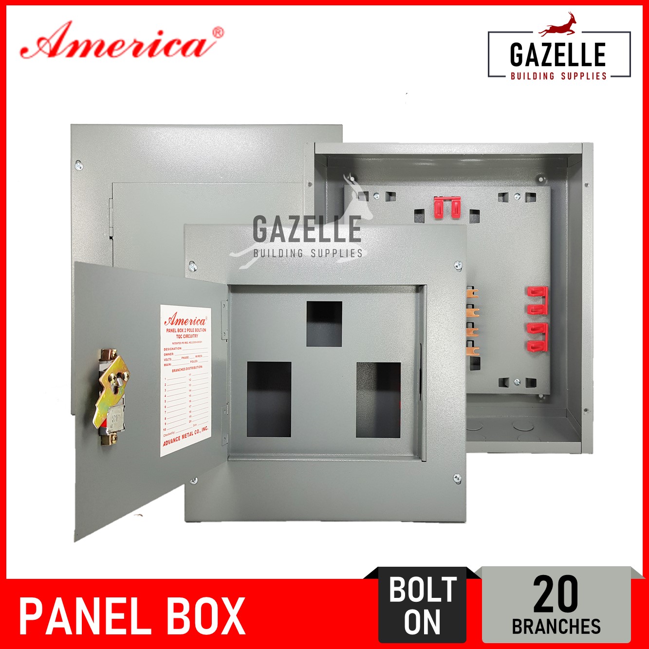 America Panel Box for 2 Pole Bolt-On Circuit Breakers - 20 Branches ...