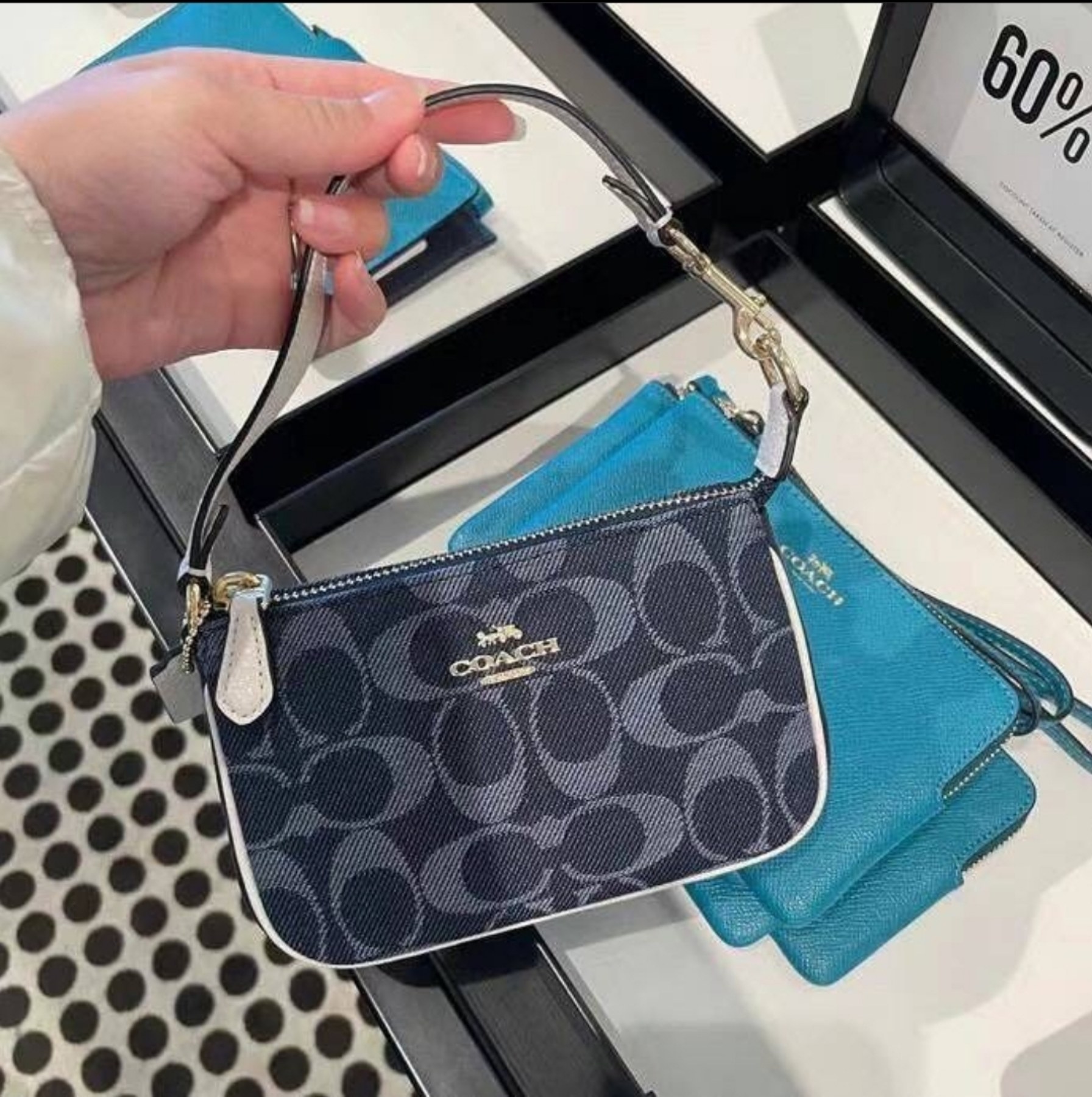 Coach C3334 Nolita 15 Top Handle Bag in Denim Jacquard and Chalk Refined  Pebble Leather with Removable Strap - Women's Clutch / Purse Bag