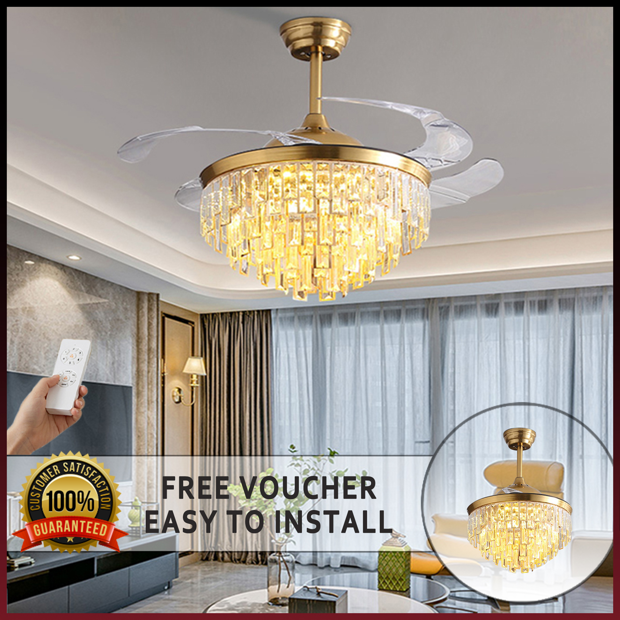 42'' Chandelier Ceiling Fan w/ Light LED Remote Control Dimmable 3 color 3 speed