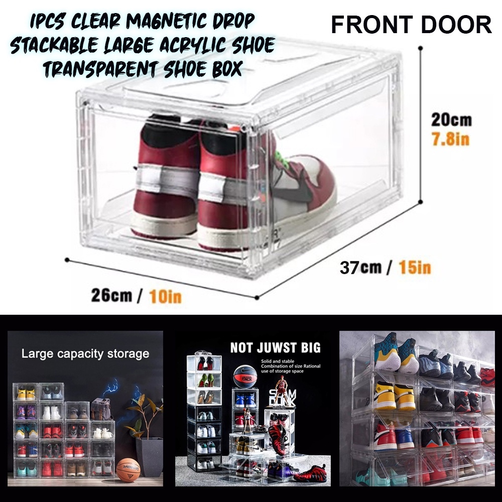 Magnetic Drop Front Acrylic Shoe Box Organizer Large Space Sneaker ...