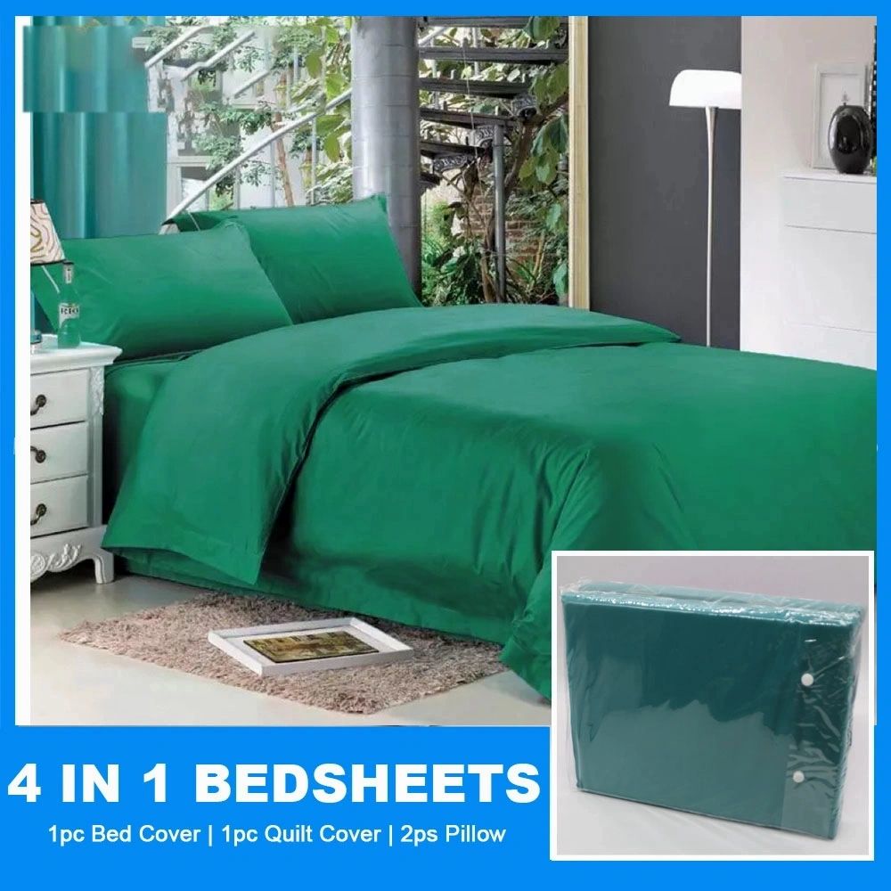 Home Heaven bed sheet 4 in 1 set Mint Blue Plain (1pc Bedsheet + Duvet