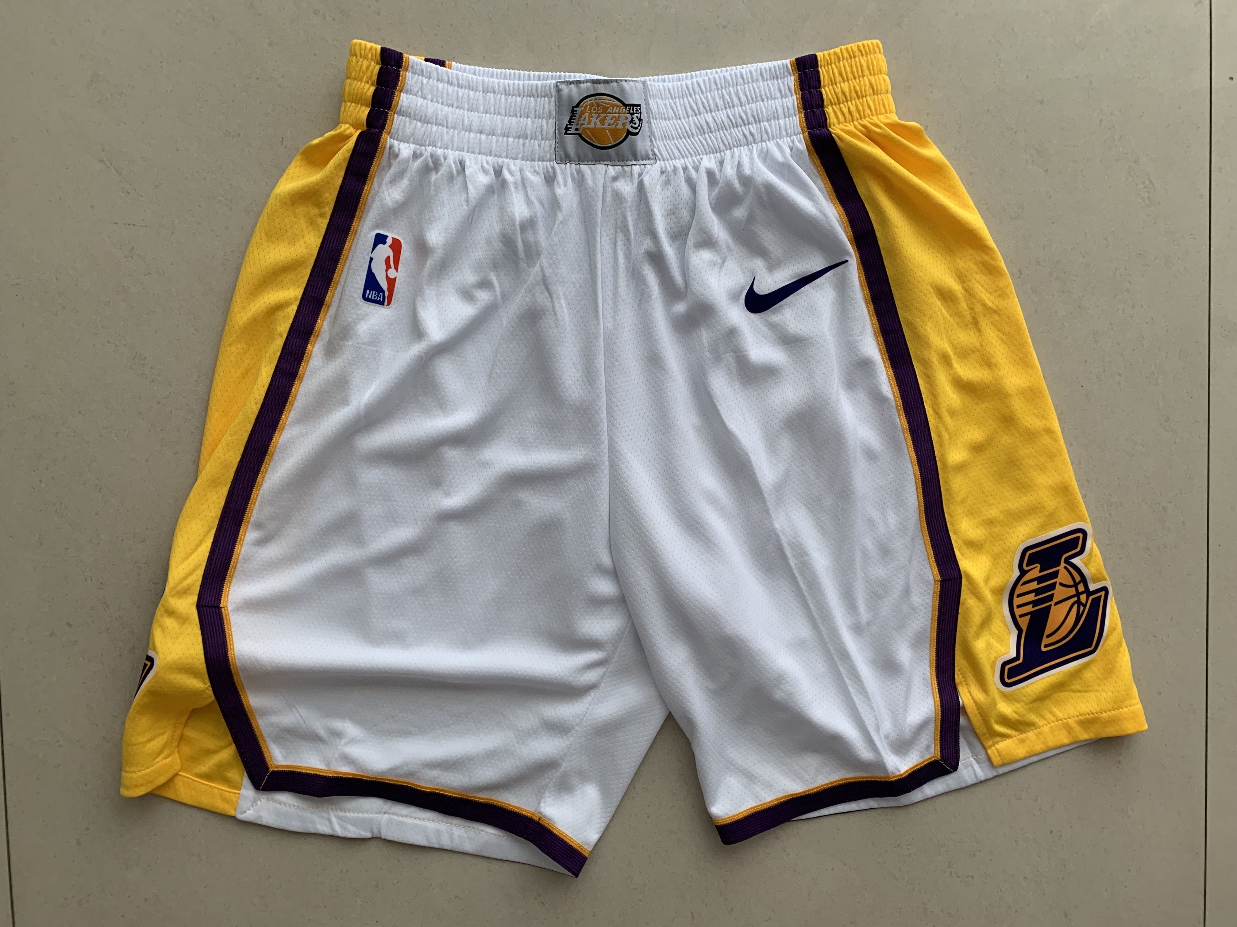 New Original Heat Pressed NBA Mens White Yellow White Blue Purple Black  Stripe Los Angeles Lakers City Edition Shorts Basketball Short