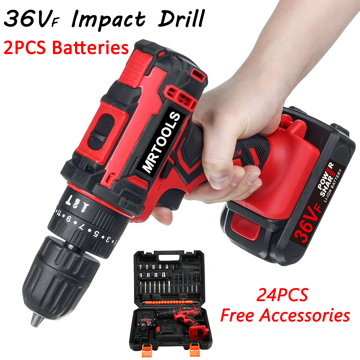 36VF Cordless Impact Drill With 2 Liion Batteries And 24PCS Free Drill