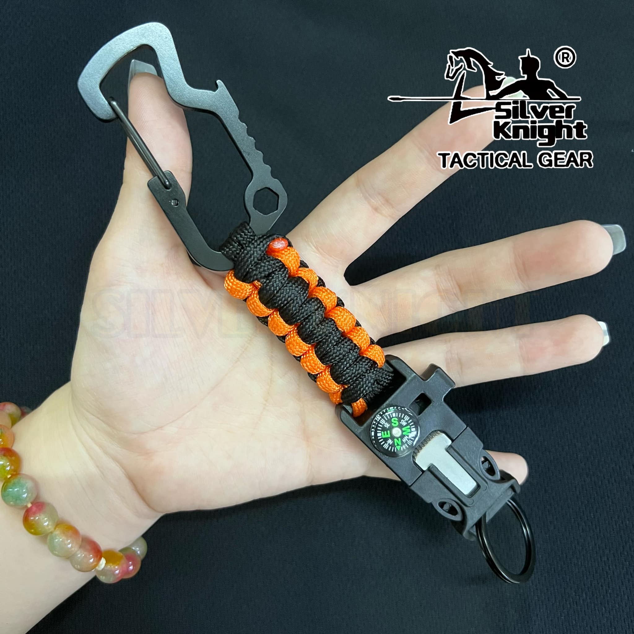 SILVER KNIGHT Tactical Fire Starter Paracord Keychain with Whistle