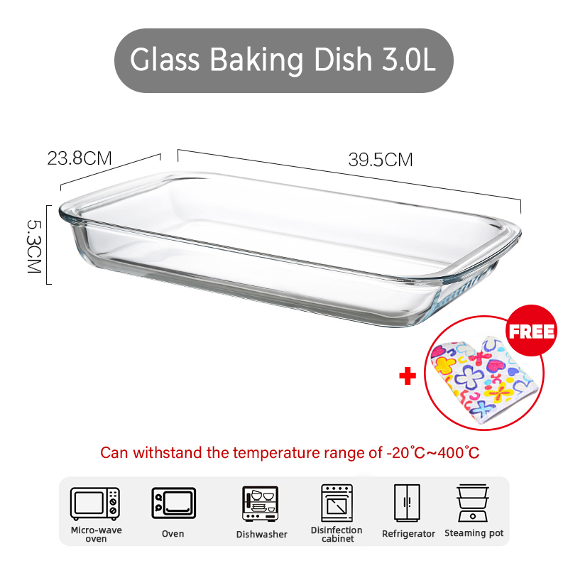 [Free Gift] Microwaveable Baking Dish Glass Tray Oven Bakeware Pan Rectangular 1L 1.5L 2.2L 3L