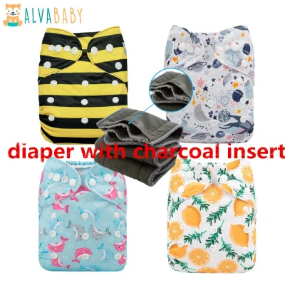 ALVA Baby Cloth Diaper 【 with 4-layer Bamboo Charcoal insert】Printed One Size Adjustable Reusable Washable Pocket Diapers For Baby Fit Newborn To 3 Years Old
