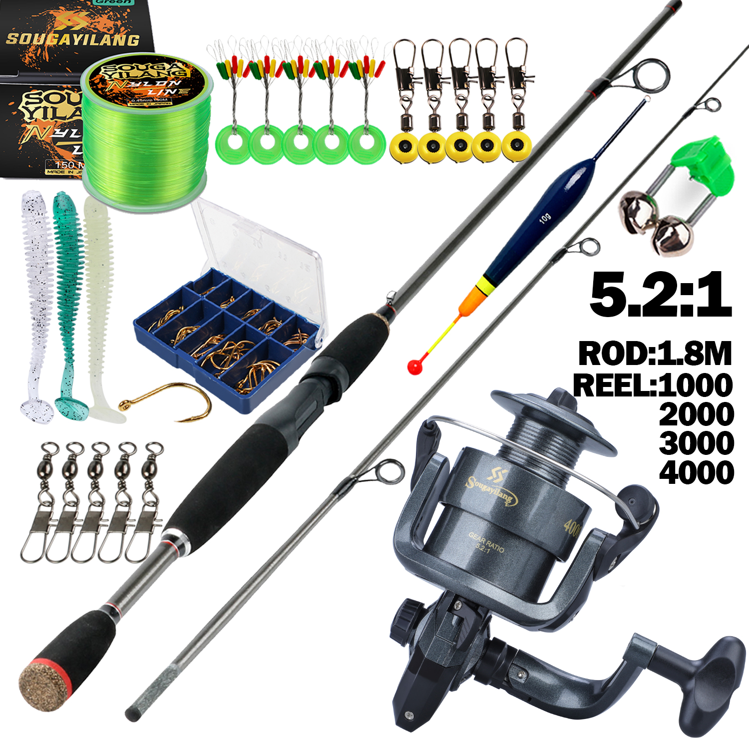 Sougayilang Spinning Fishing Rod Combo 1.8m 2 Sections Carbon Body Cork  Wood Handle Rod and 5.2:1 Gear Ratio Spinning Reel Pesca