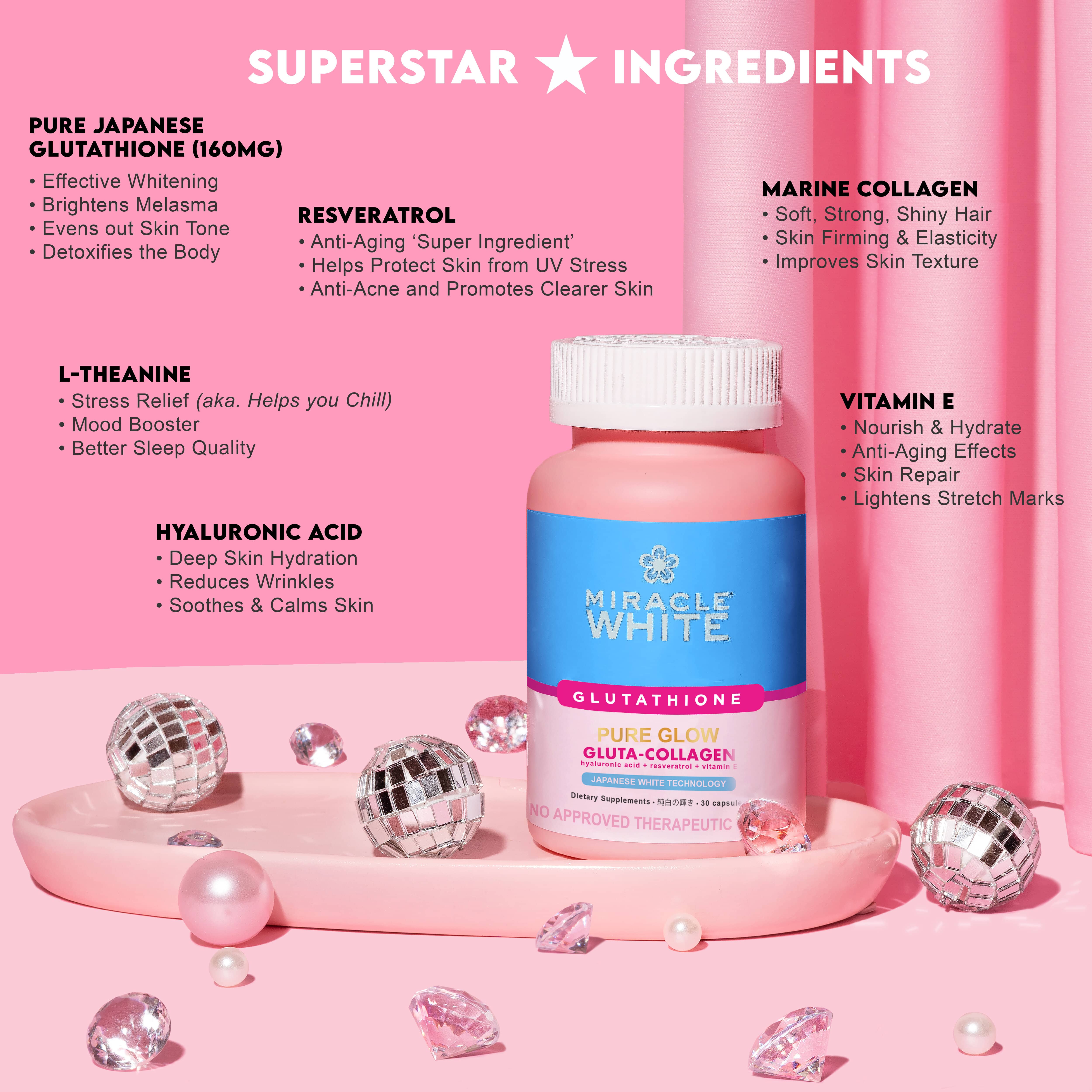 MIRACLE WHITE Pure Glow GLUTA-COLLAGEN Whitening+Anti-Aging Supplements -  Made in Japan - Most Effective - Best Glutathione Doctor Recommended  Whitening Anti-Aging Supplement - Julia Barretto - Glowing Healthy