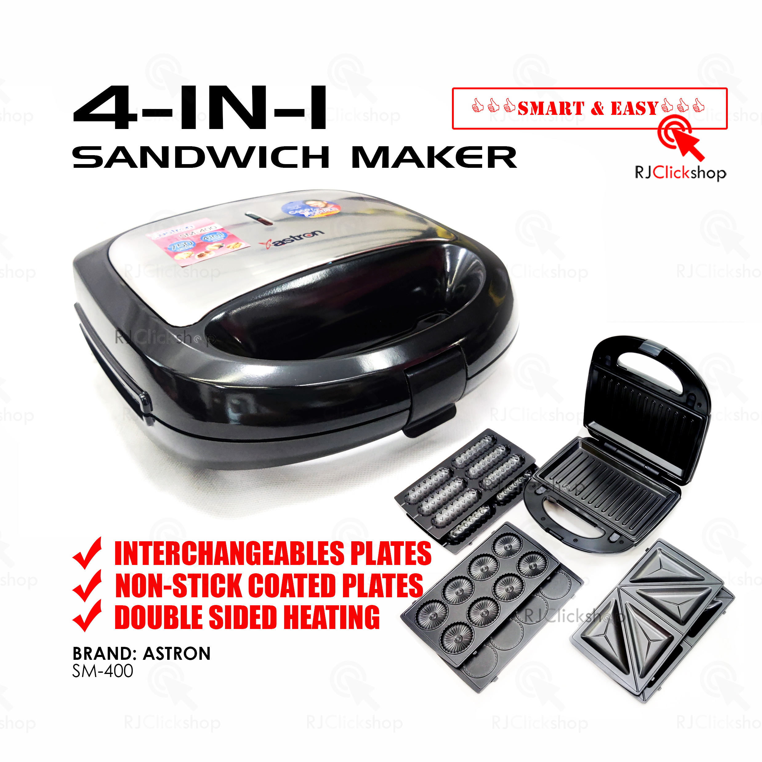4 IN 1 SANDWICH MAKER (PANINI, POCKET SANDWICH, HOTDOG WAFFLE, CUPCAKE MAKER) ASTRON SM400