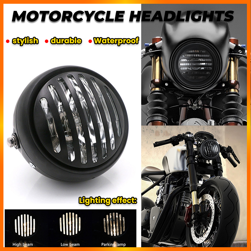 E&M 5.75inch Motorcycle Grill Headlight Black Metal Retro 35W