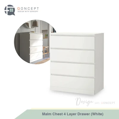 Qoncept Furniture Malm Chest 4 Layer Drawer (White) 80x100cm Bedside Minimalist Wood Drawer