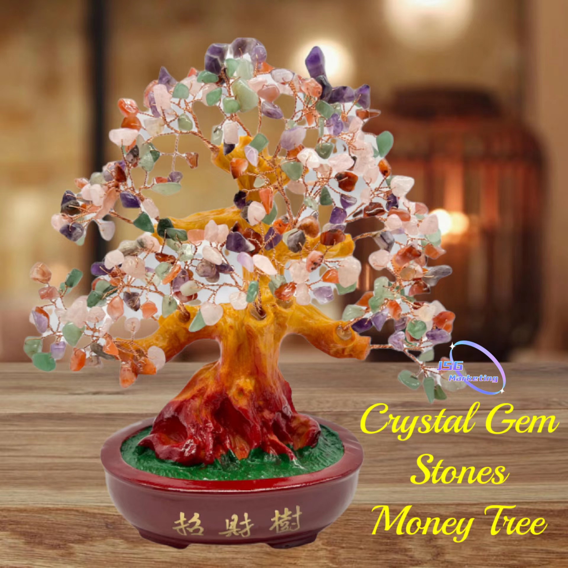 JSG Feng Shui Decor Money Tree Wealth Crystal Gem Stones Money Tree Gem