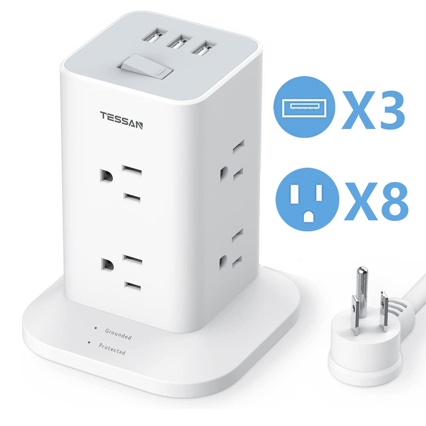 TESSAN Tower Power Bars with Surge Protector, 6 Feet Extension Cord Surge Protector Power Strip