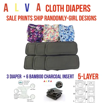 Alva BABY CLOTH DIAPER 3 PCS with 6 pcs 5-Layer BAMBOO CHARCOAL Insert WILL SALE DESIGN SHIP RANDOM GIRL PRINTS