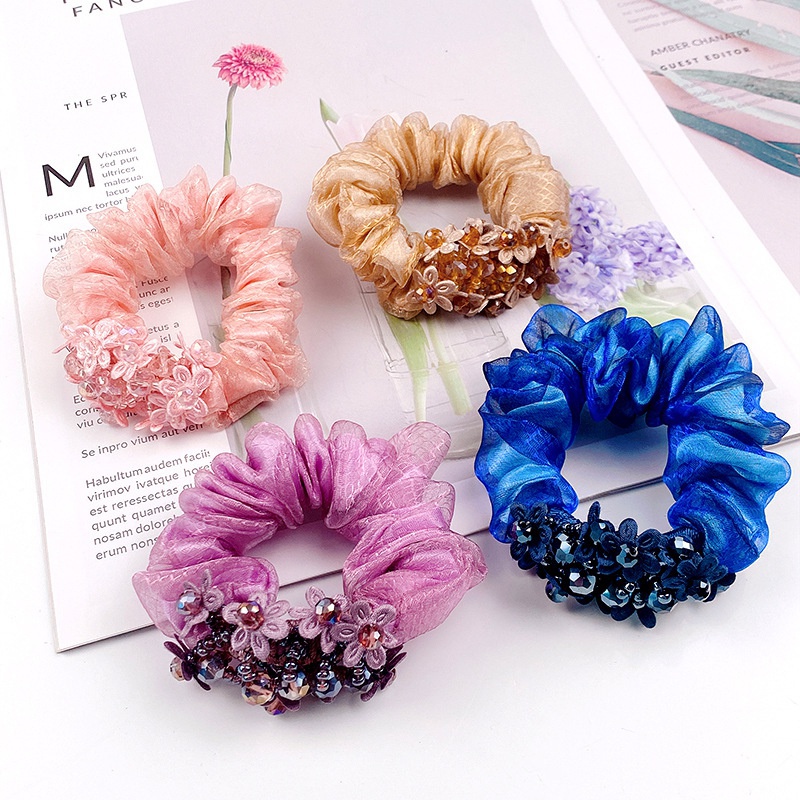 Korean version Organza hair circle exquisite head rope women's leather band tied horsetail crystal broken flower Hair Accessories