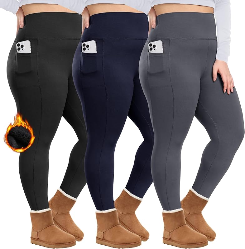 LZD HLTPRO 3 Pack Plus Size Fleece Lined Leggings with Pockets for Women -  Black Thermal Warm High Waisted Yoga Pants for Workout