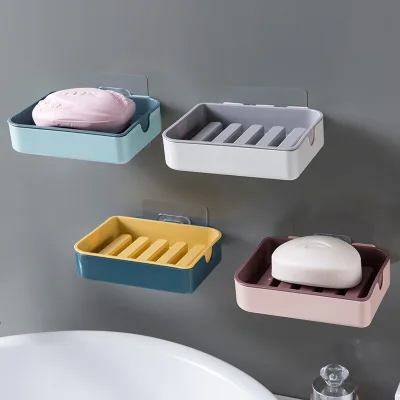 Bathroom Soap Box Storage Organizer Hanging Punch-free Sticky Wall-Mounted Double Layer Drain Rack Soap Box