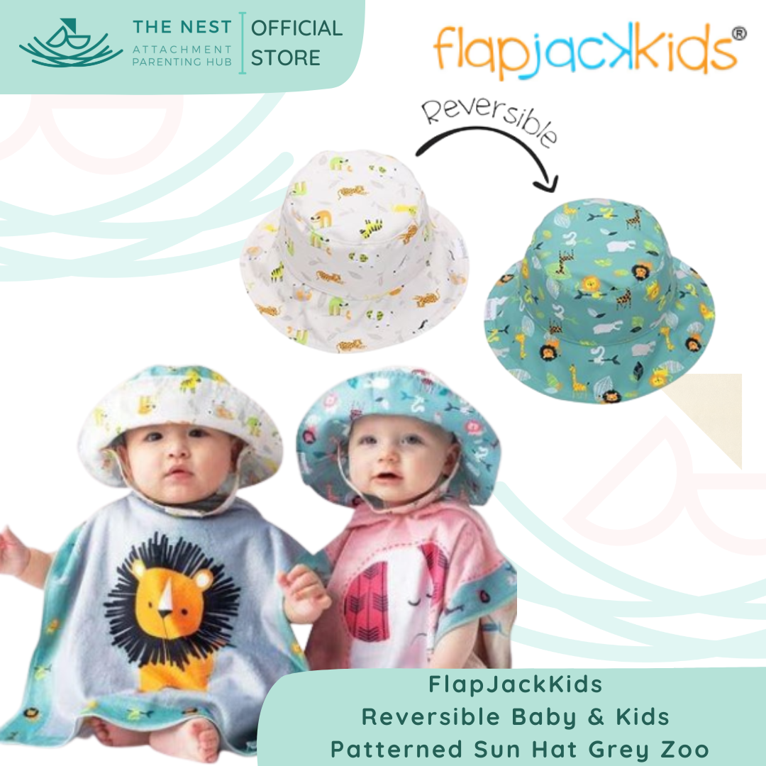 Reversible Baby & Kids Patterned Sun Hat - Grey Zoo - FlapJackKids