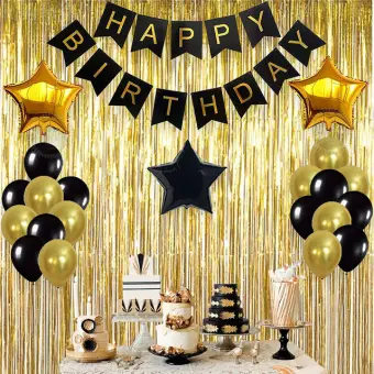 Black Gold Happy Birthday Banner Foil Curtain Star Balloons
