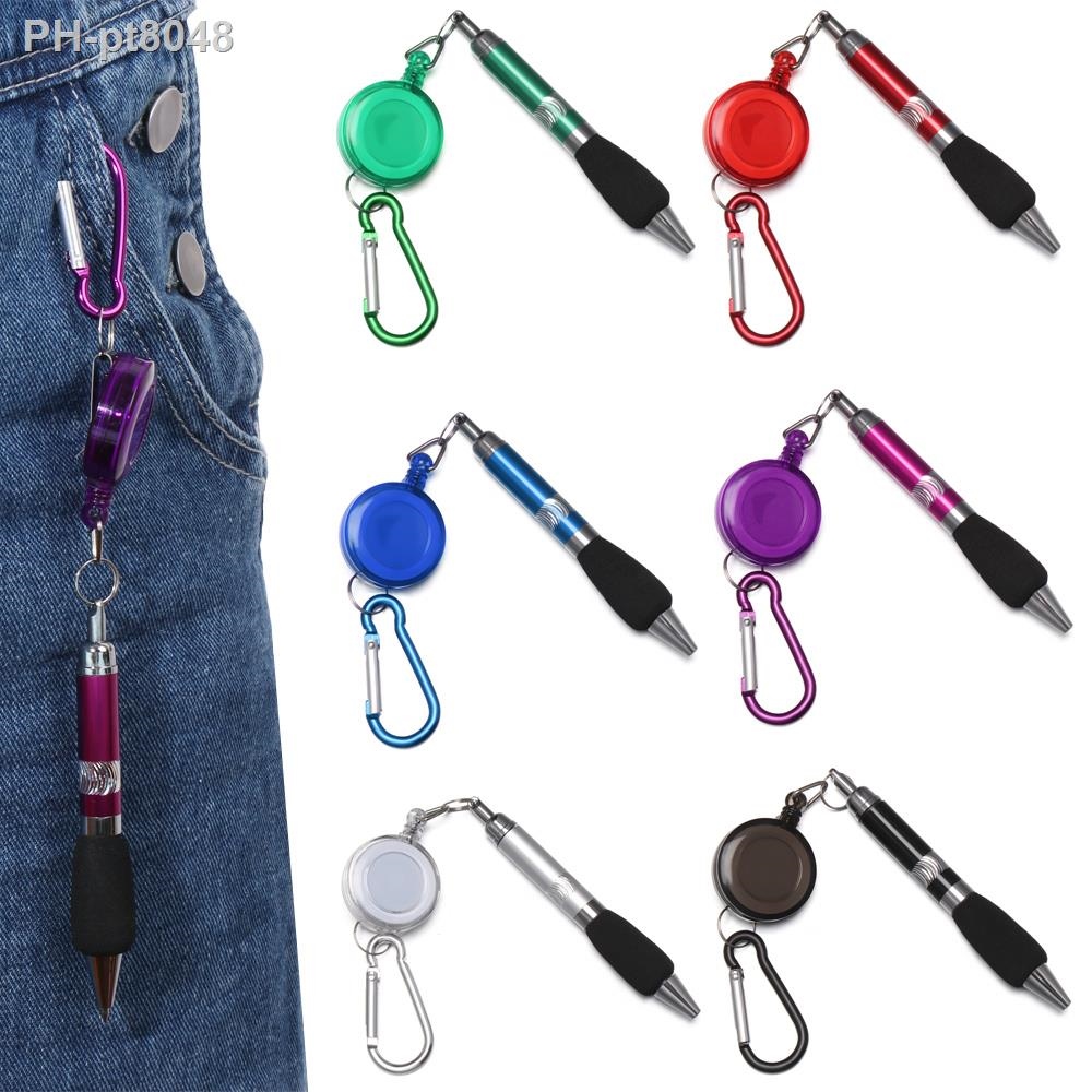 ☑❧♧ Buckle Metal Retractable Badge Reel BallPoint Pen With Rope Ring  Anti-Lost Pull-String Cable Pen Carabiner Creative Writing Tool