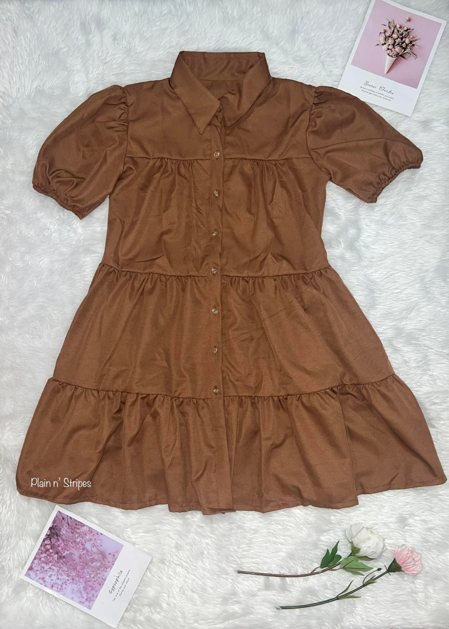 Plain n’ Stripes • BKK Pouf Button down Babydoll dress Lazada PH